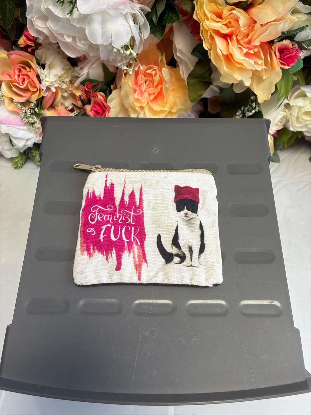 Feminist Cat Canvas Zip Coin Card Pouch Wallet Pink Black Statement Accessory